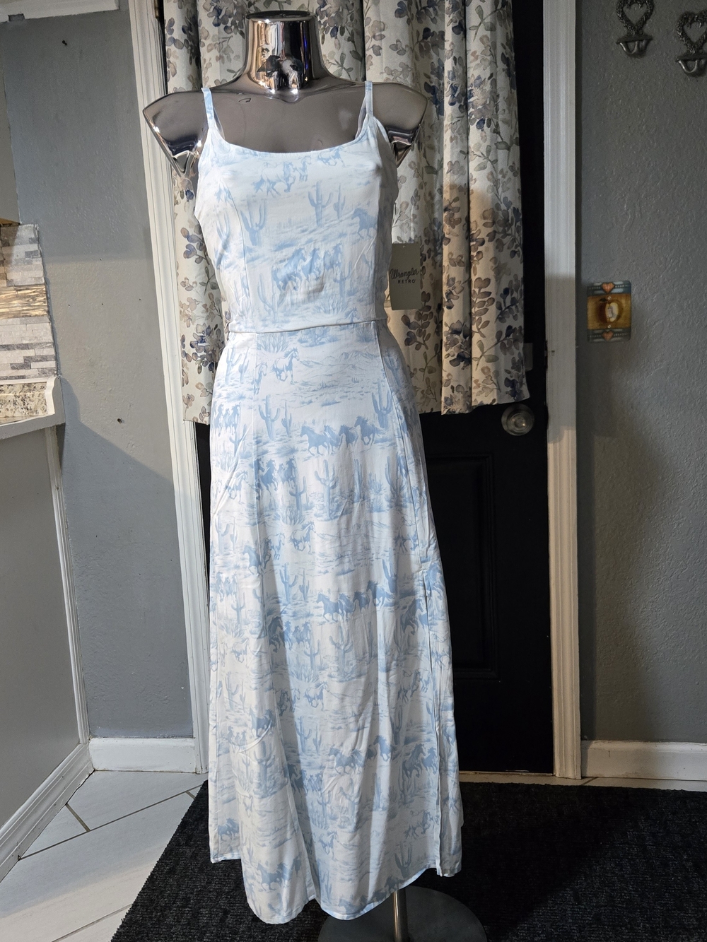 Wrangler Pale Blue and White Desert Print Maxi Dress with Spaghetti Straps